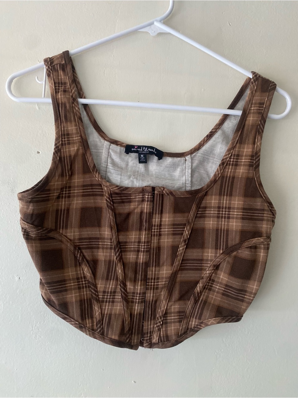 Mind & Heart Brown Plaid Crop Corset Top